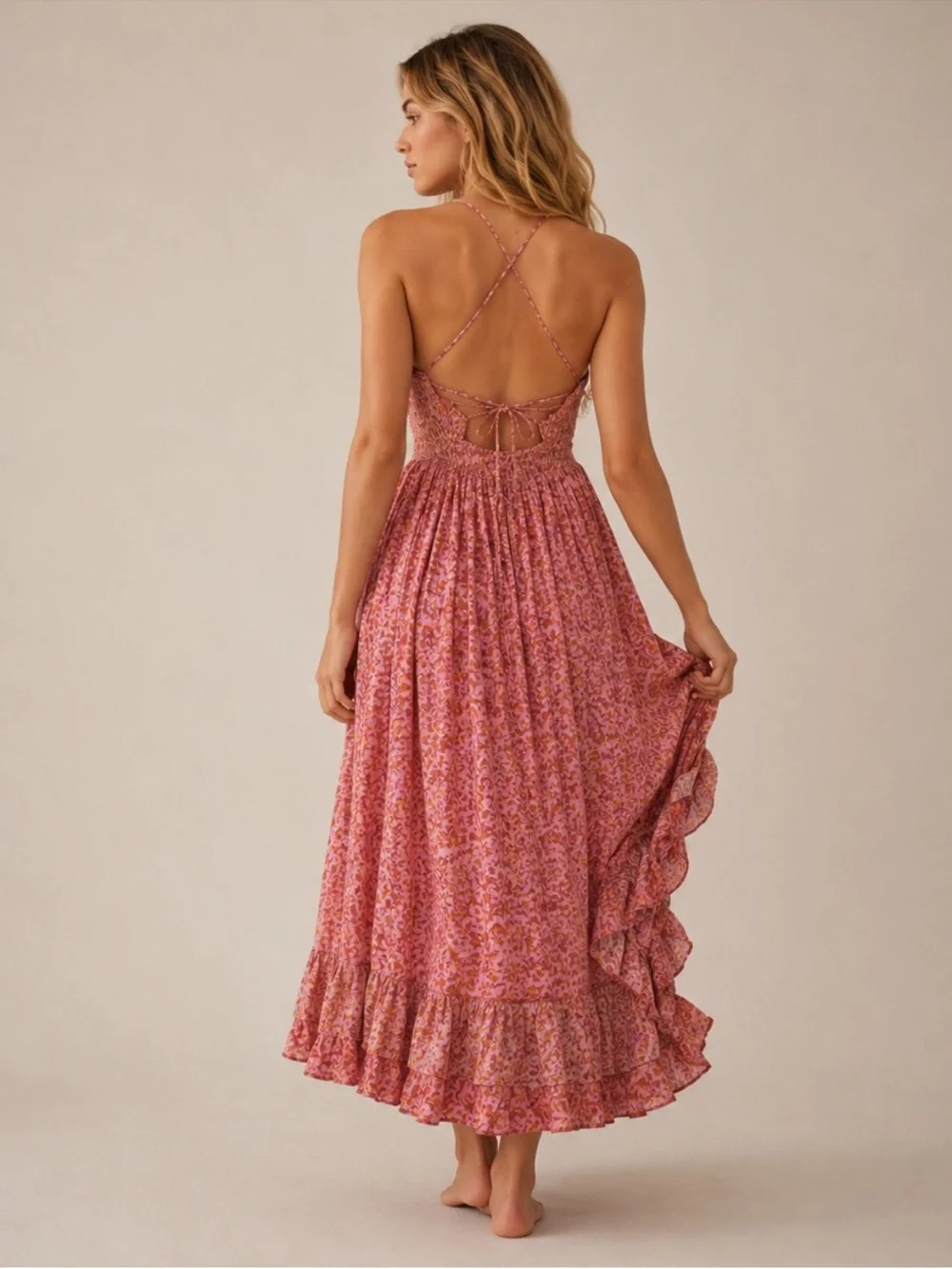 Free People One I Love Dress in Caramel Combo Pink and Tan Maxi Ruffle Hem